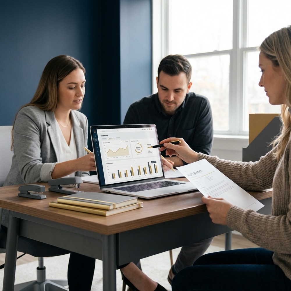 Small team reviewing an audit on a laptop with visible charts and notes in a minimalist office for seo agency services