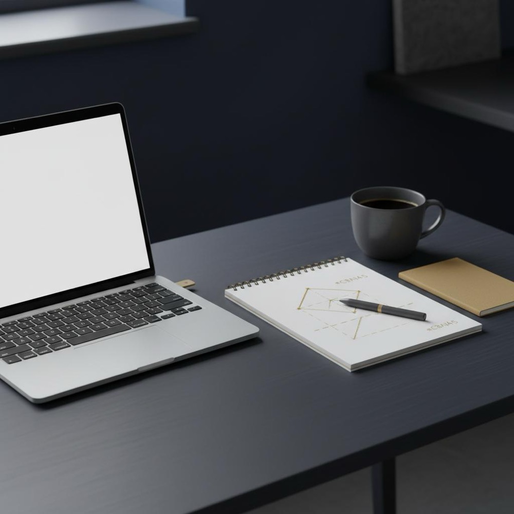 Minimalist workspace with laptop, notepad outline, coffee cup and a small #C8A45D notebook on a dark blue background, illustrating what do bloggers do daily