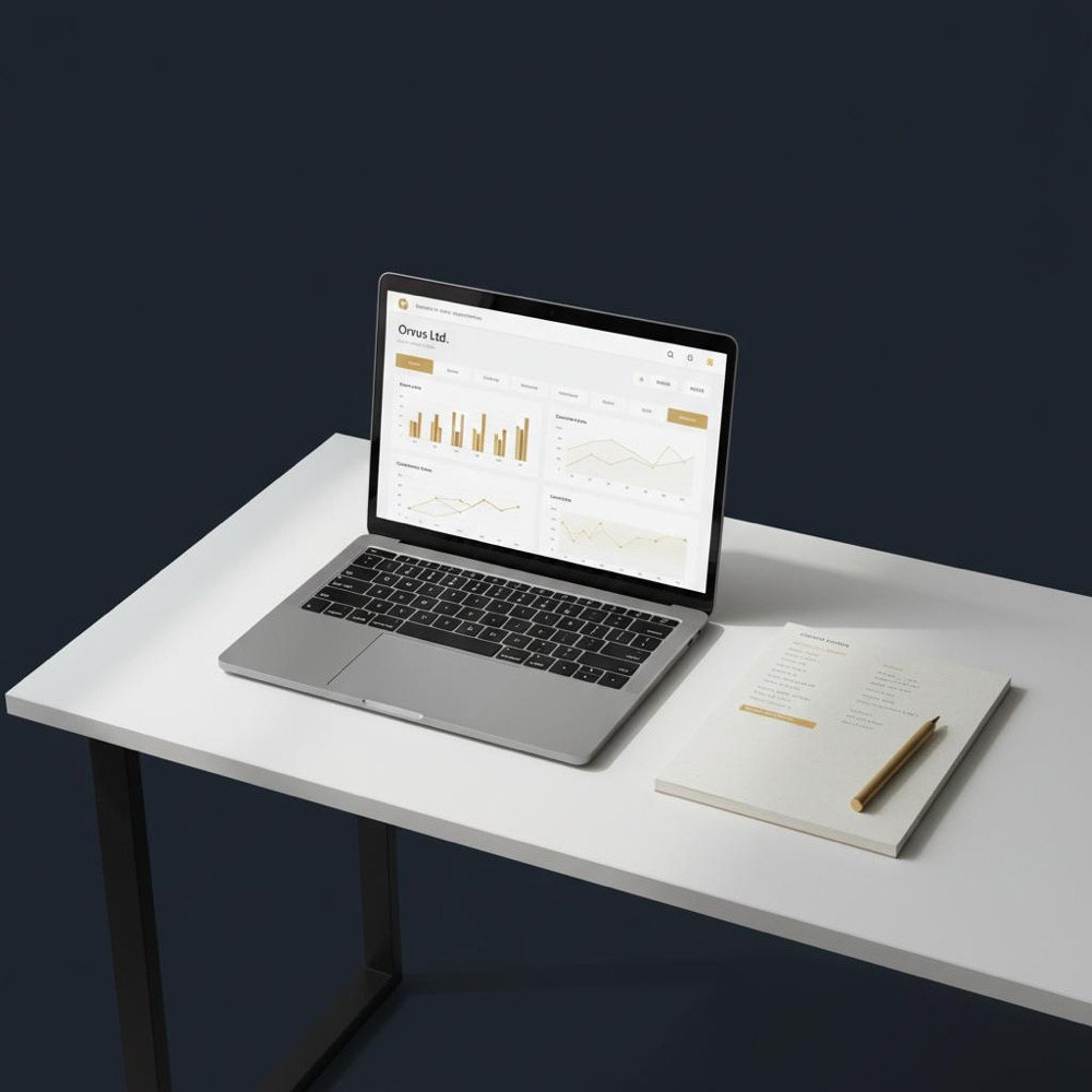 Minimalist workspace with laptop showing analytics dashboard and notebook content outline in Orvus Ltd colors - what is SEO
