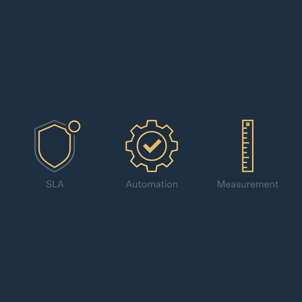 Minimal 2D vector infographic with three icons (shield for SLA, gear with check for automation, gauge for measurement) on dark blue background using Orvus Ltd. brand colors - SEO job stress
