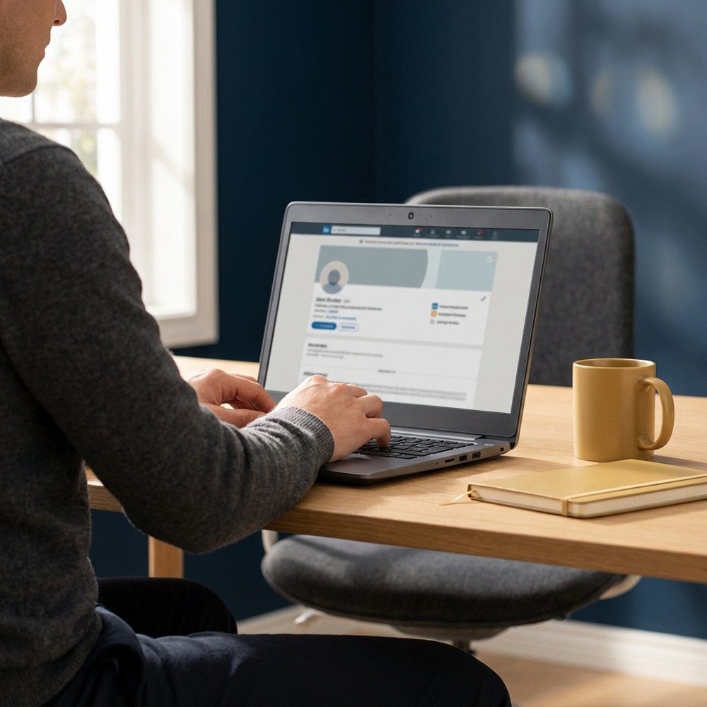 Professional updating a linkedin bio on a laptop at a minimalist desk with Orvus Ltd brand colors deep navy background and warm gold accents