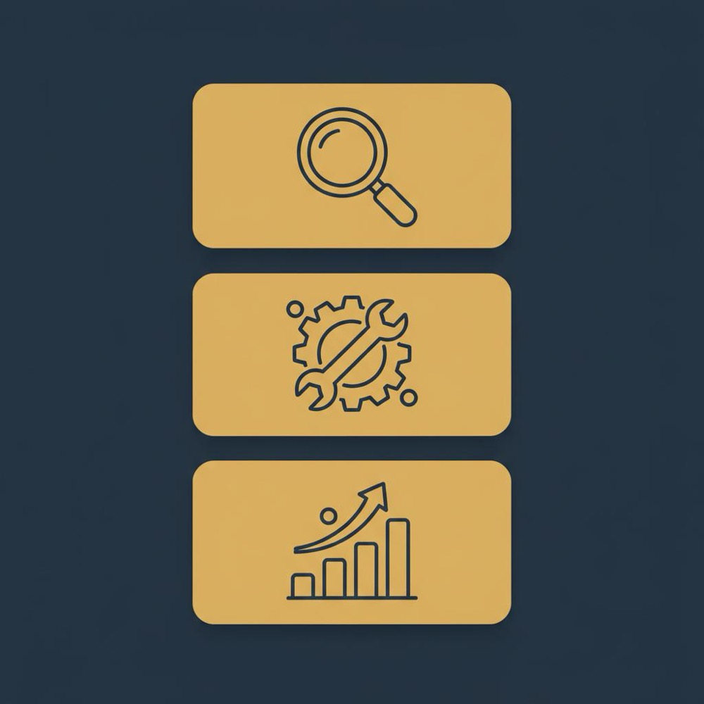Minimal vector infographic of three stacked cards with icons for audit, fix, and measure on navy background #0B1E33 using Orvus Ltd. colors - how to start SEO for beginners