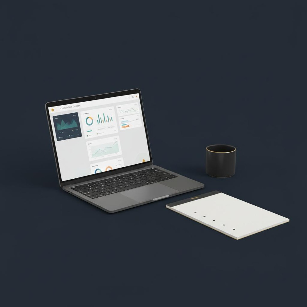 Tidy desk with a laptop displaying a generic competitor dashboard, a notepad with bullet points and a coffee cup; navy background and gold accents - best competitor analysis tool