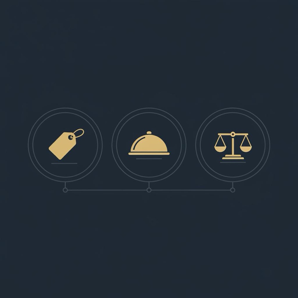 advertorial three-step vector infographic with tag, serving tray and ruler icons on dark blue background in gold and charcoal, minimalist Orvus Ltd. style