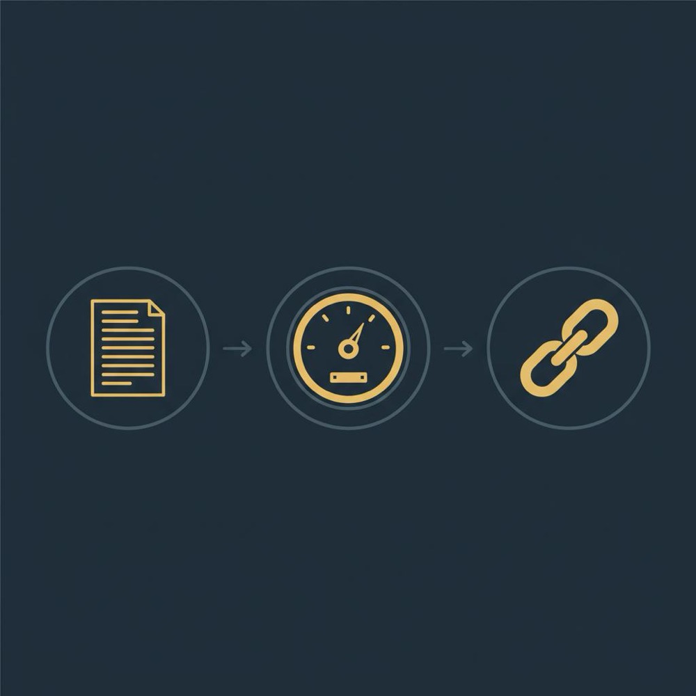 Minimal 2D vector three-column flow infographic for SEO examples showing document icon → gauge icon → chain link icon in gold and slate on dark navy background