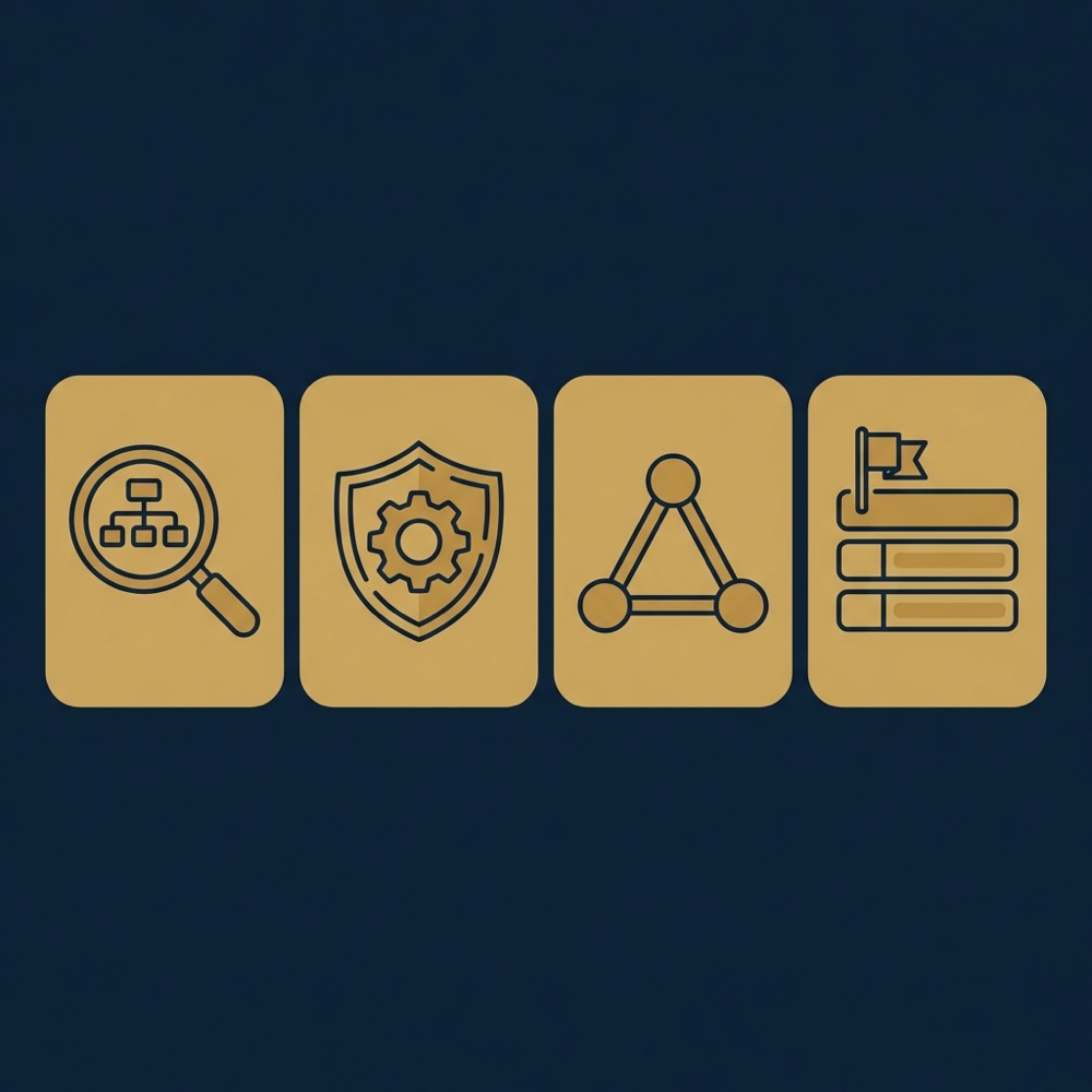 Minimal 2D vector infographic of a four step seo page rank audit workflow with icons for search console third party check internal links and prioritise fixes