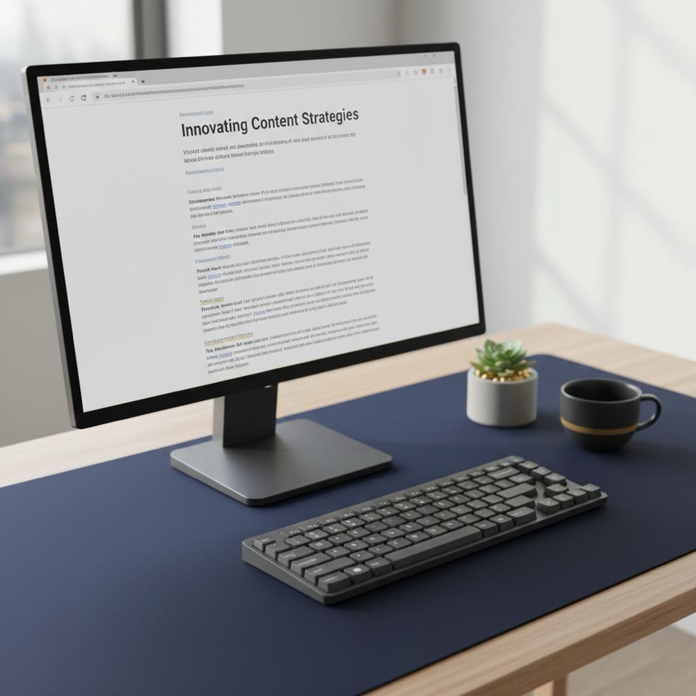 Close-up of a minimalist editor desk with a monitor showing an article and highlighted in-content links, navy background and gold accents representing powerful backlinks