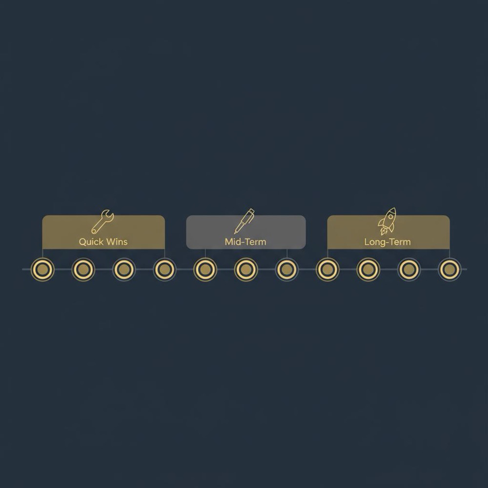 Minimalist vector timeline infographic for seo pricing showing 12 month nodes with quick wins (months 1-3), mid-term (4-8) and long-term (9-12) highlighted with wrench, pen, rocket icons