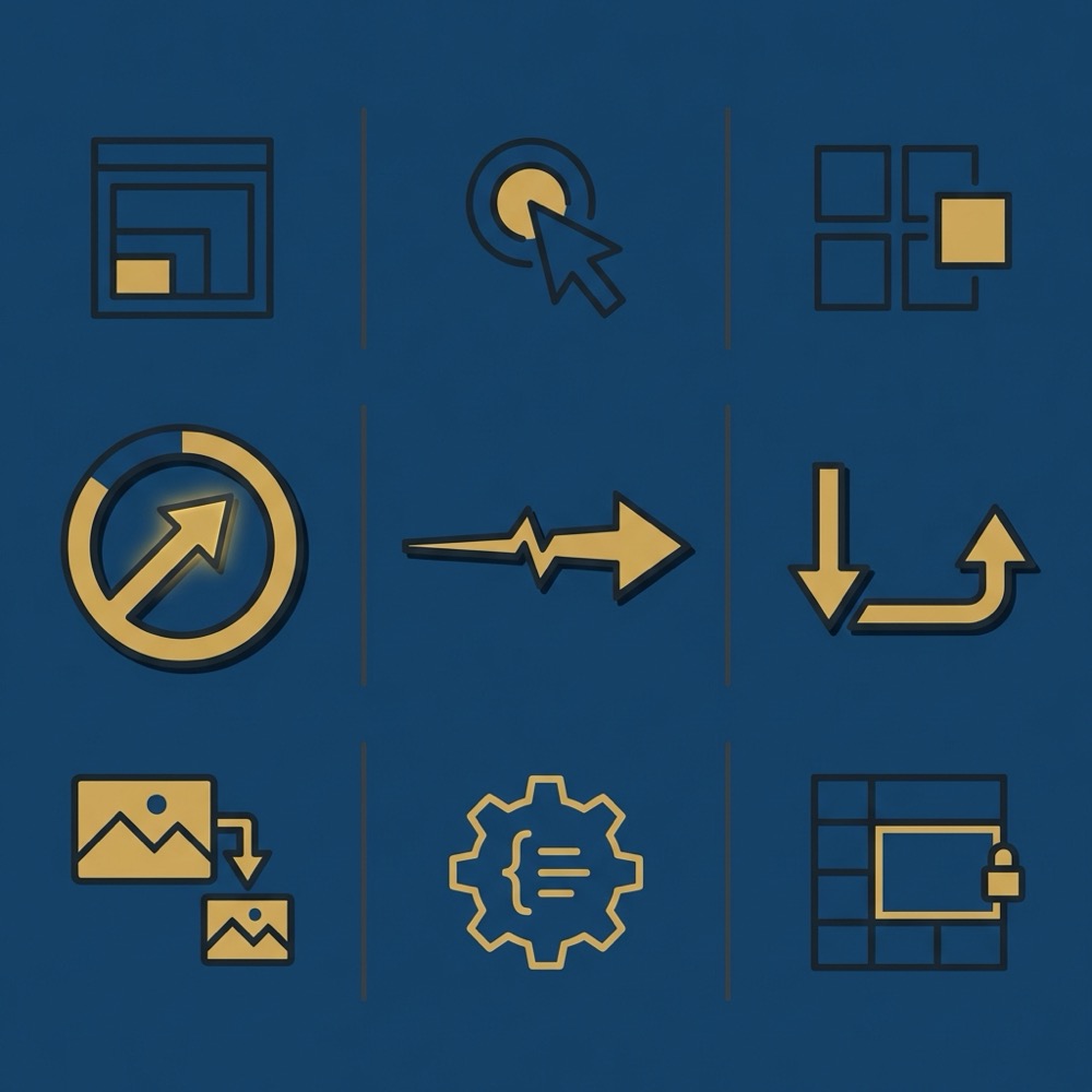 Minimal 2D vector infographic showing Core Web Vitals metrics and optimisation steps for website search engine optimization on deep blue background