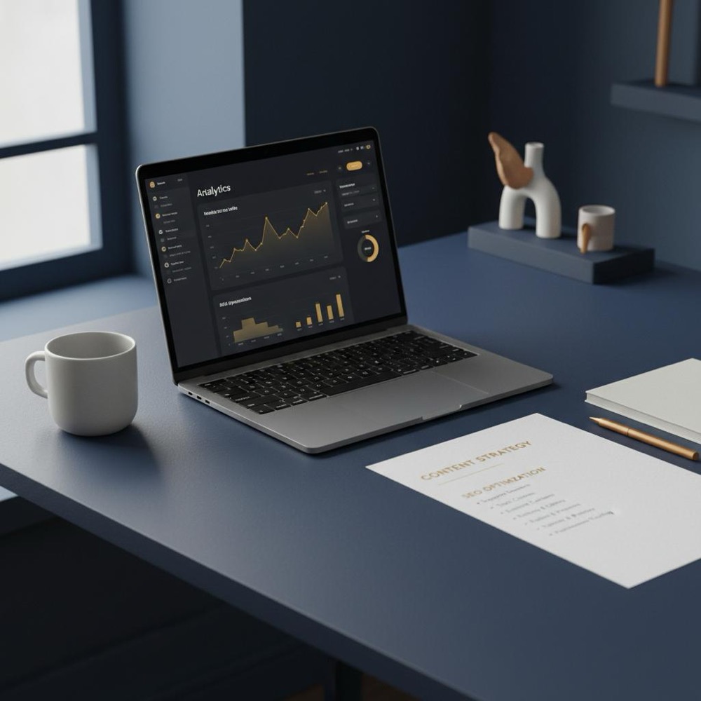 Clean editorial workspace with laptop showing analytics and a printed content brief in natural light, minimalist brand accents - can you do SEO without backlinks