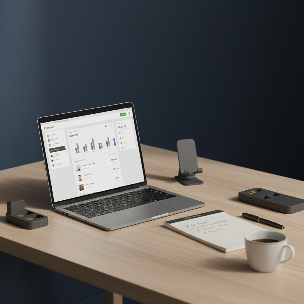 hire shopify expert workspace: tidy desk with laptop showing Shopify dashboard, checklist notebook and coffee cup on dark blue background with golden accents