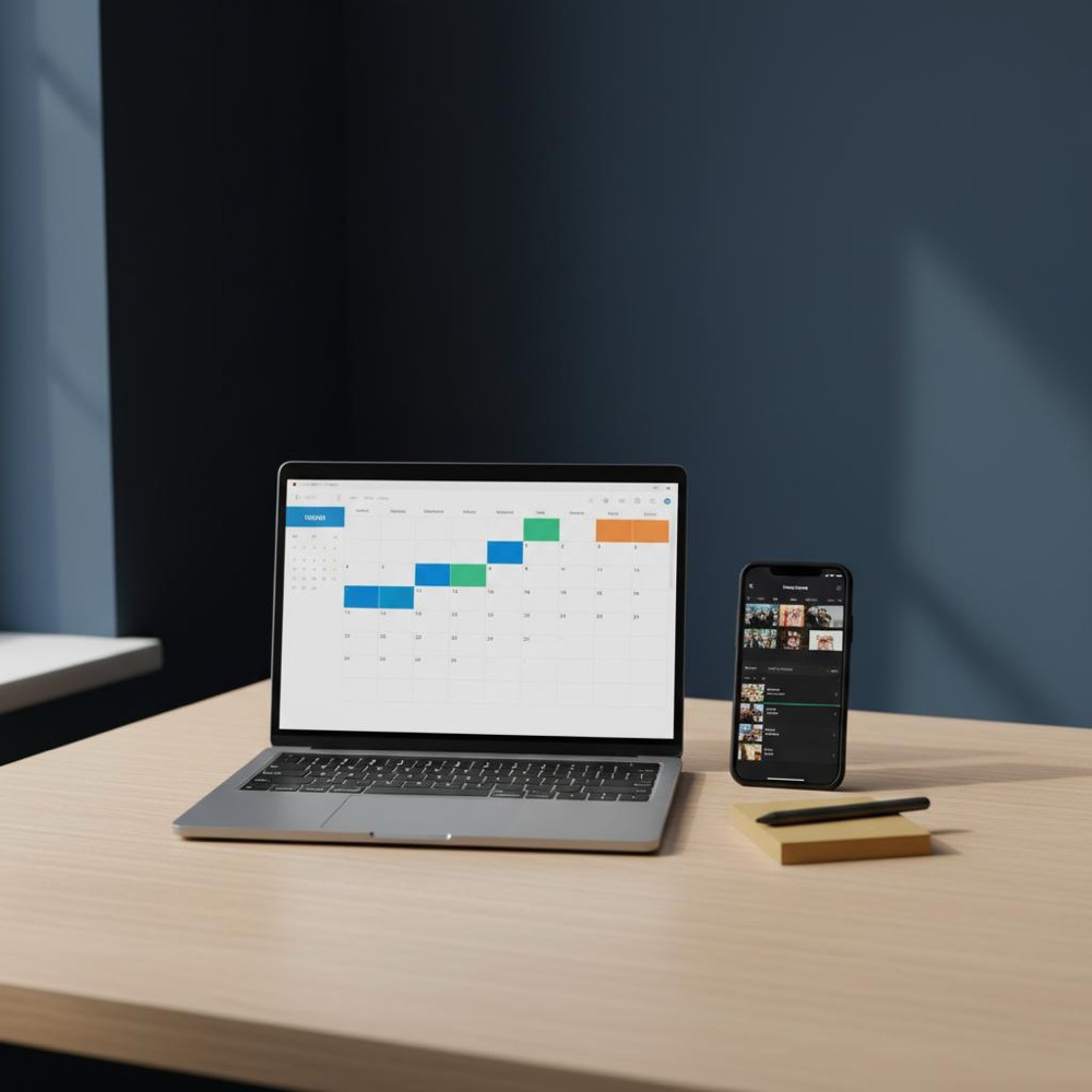 Minimalist full-frame content workspace with laptop calendar and smartphone short-form video editor, sticky notes in brand colors, natural light - 50/30/20 social media rule