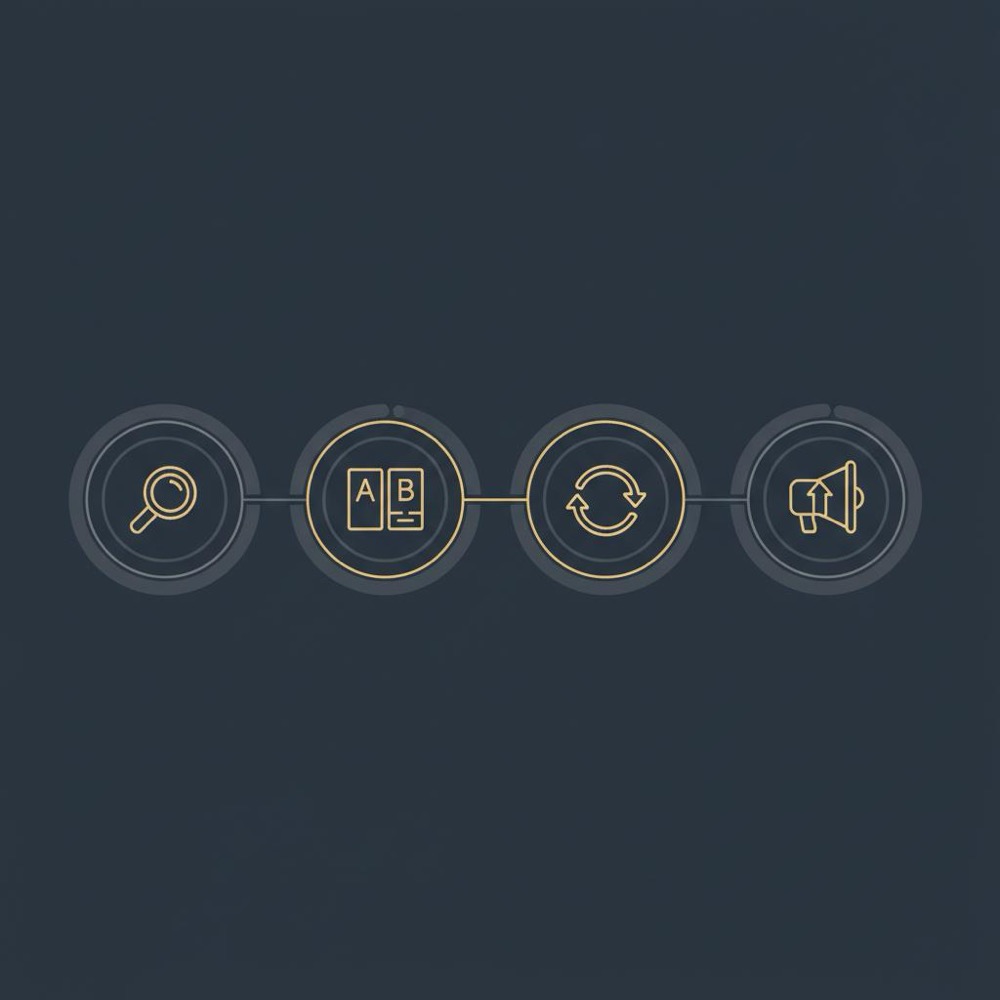 Minimal 2D vector infographic showing a content audit workflow with four icons (magnifying glass, A/B split, refresh arrow, megaphone) connected on dark blue background #0B1E33 using gold and slate - 80 20 rule for blogging