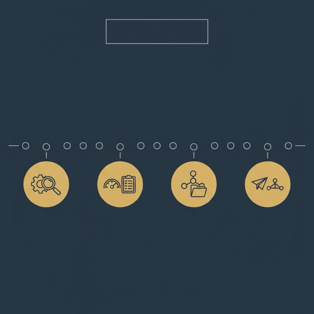 Minimal 2D vector timeline infographic with nine month markers and four milestone icons (Technical Sweep, Speed &amp; Audit, Content Clusters, Outreach) in Orvus Ltd brand colors - how to get 100% SEO