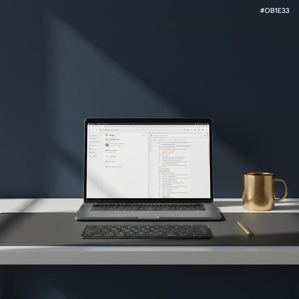 how Google SEO optimization works - laptop on a clean desk showing Google Search Console and an open sitemap side-by-side with Orvus Ltd brand color accents (#0B1E33, #C8A45D, #2E3237)
