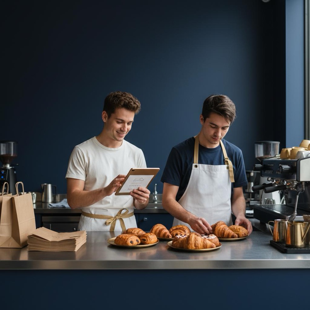 Small bakery staff checking a tablet with customer feedback, illustrating deleted Google reviews and calm, responsive service in a minimalist, brand-colored scene.