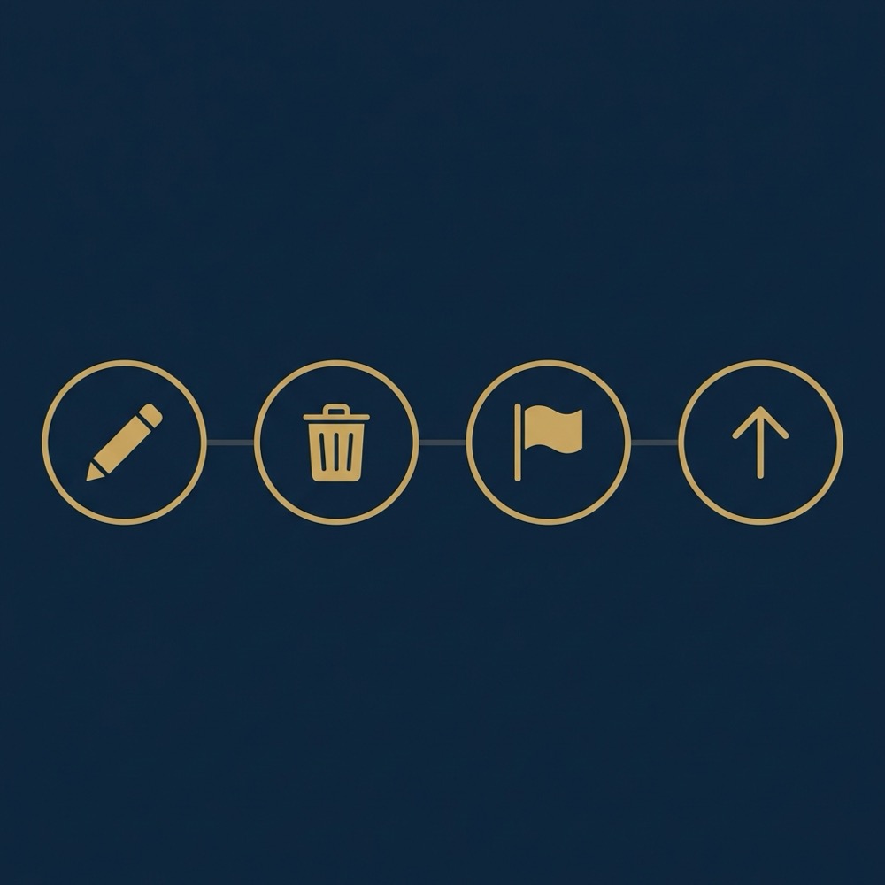 Minimal 2D vector infographic with four icons for edit delete flag and escalate arranged in a horizontal flow on dark navy background to illustrate remove a review