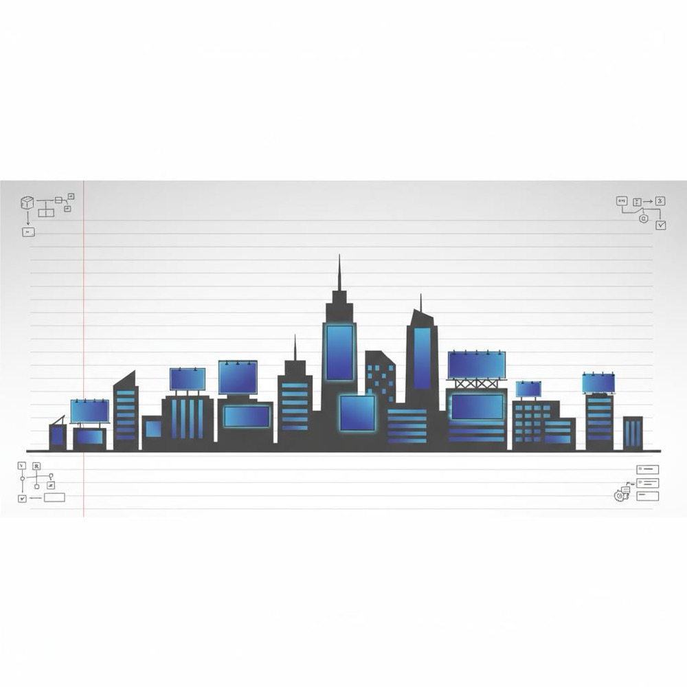 Notebook-style vector city skyline at dusk with blank lit billboards showing cool-blue gradients and scale, conveying visibility and planning - how do you get an ad on a billboard