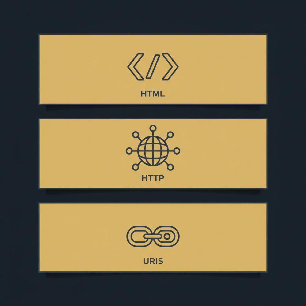 Minimal 2D vector infographic of three stacked layers with icons for HTML, HTTP, and URIs representing the stack of a first website in Orvus Ltd. brand colors