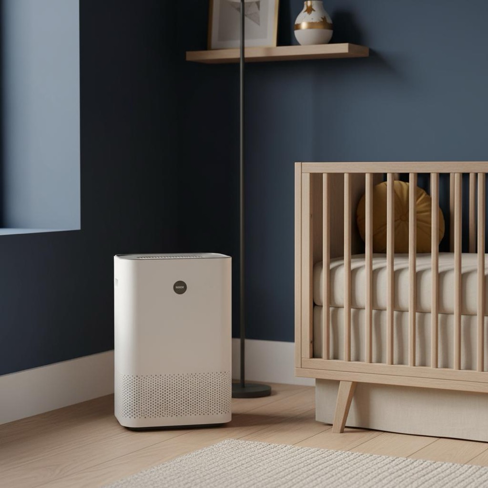 SEO PowerSuite: Photorealistic mid-sized HEPA air purifier in a minimalist nursery corner with #0B1E33 navy background and #C8A45D gold accents, no people.