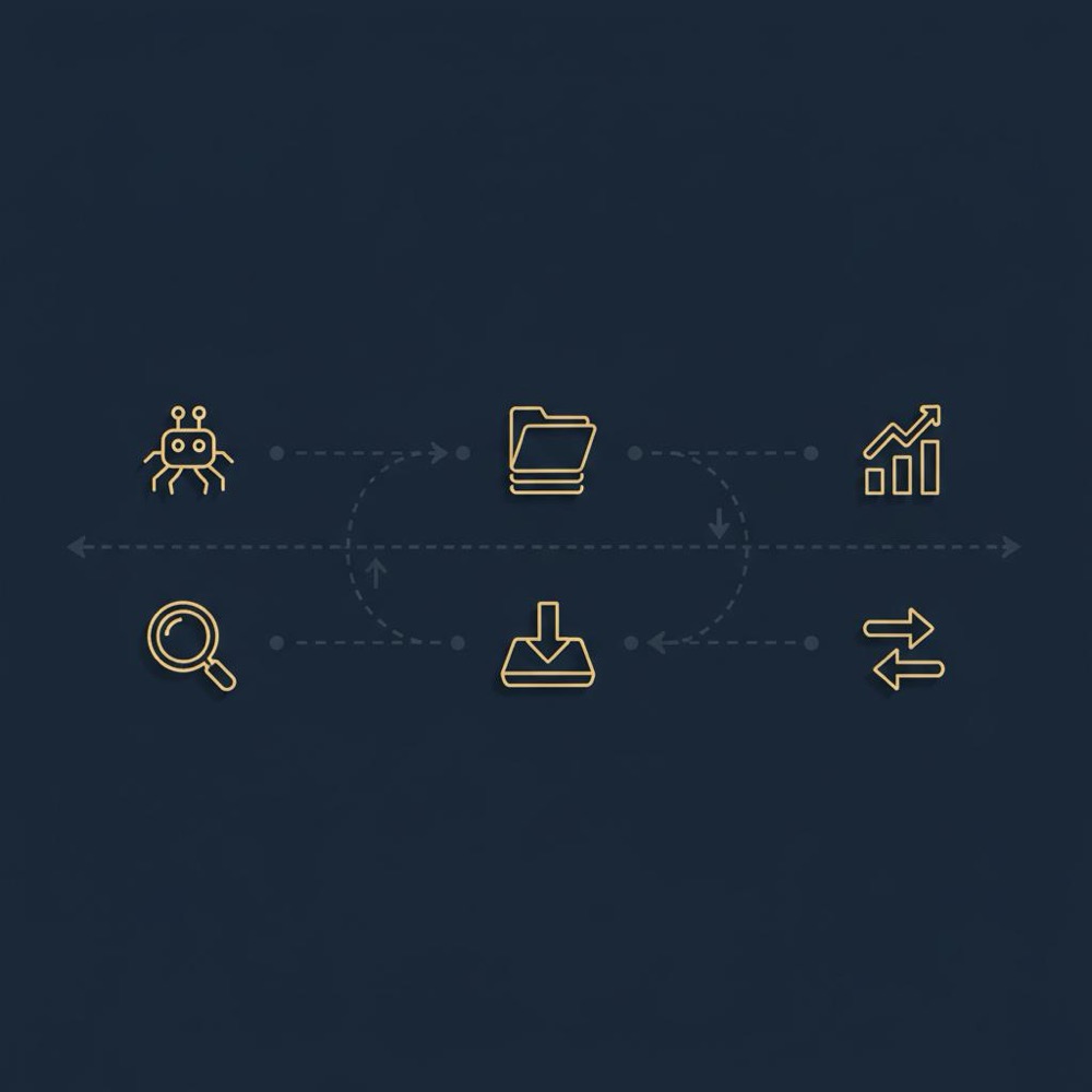 Minimal 2D vector timeline showing crawl → index → rank and query → fetch → merge workflow for a metasearch engine in Orvus Ltd. brand colors.