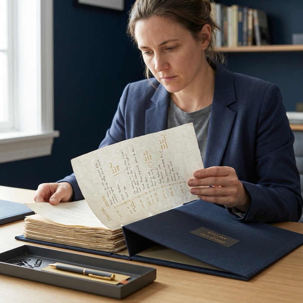 Researcher examining printed timeline and archive pages on a minimalist navy desk with gold accents and charcoal details context research and analysis top search engines