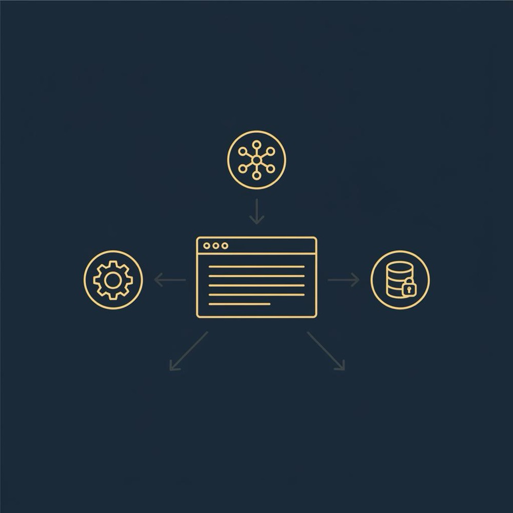 Minimal 2D vector infographic on dark blue background showing three source icons gear network database with arrows converging into a single search results page icon representing top search engines