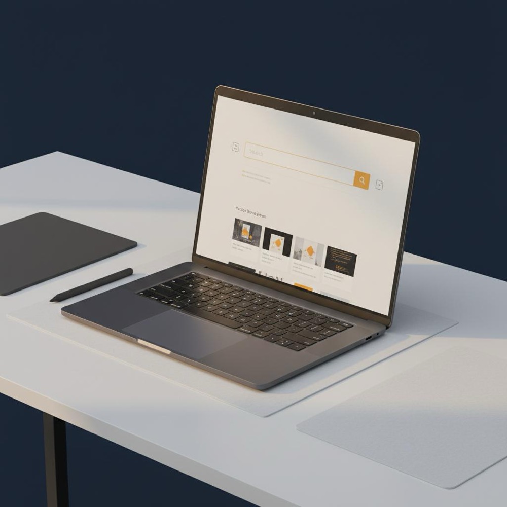Minimalist workspace with laptop displaying a vector search UI, documents and code snippets in brand-accent lighting #C8A45D on navy background #0B1E33 - use ChatGPT for business