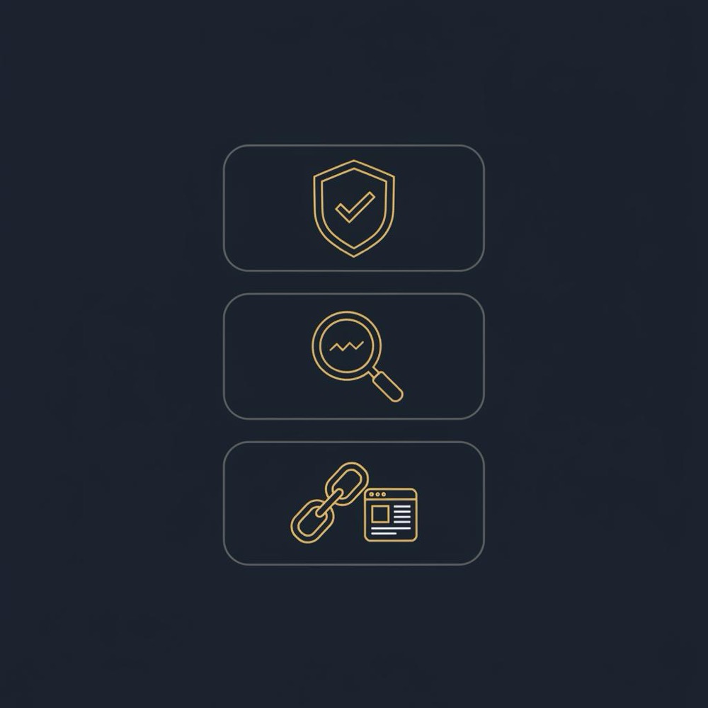 Minimal vector infographic with three stacked icons (shield, magnifier, link) in Orvus colors on dark navy background - ahrefs free