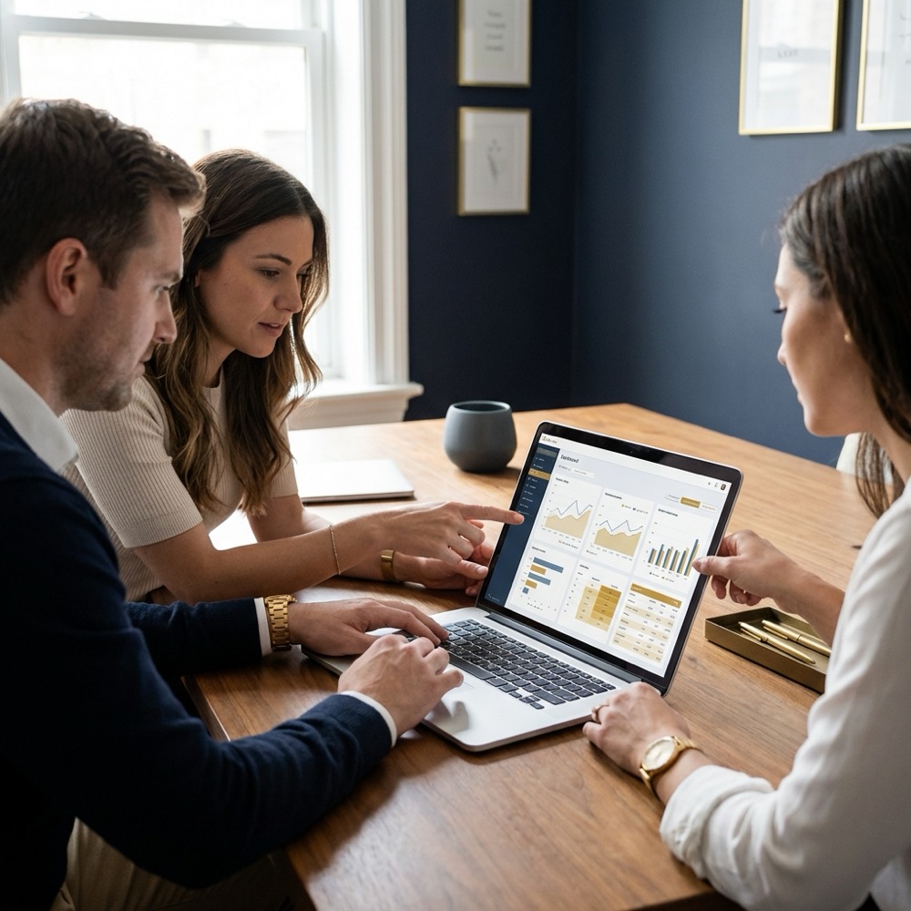 Small team reviewing query level reports on a laptop showing charts and metrics in a minimalist navy and gold office scene serp seo