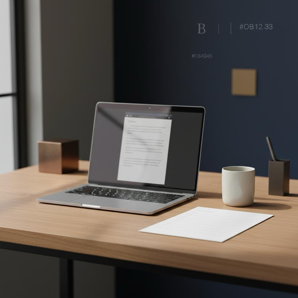 Minimalist editorial workspace with laptop showing blurred draft, printed checklist and coffee cup on a wooden desk with subtle #C8A45D brand accents - advertorial example