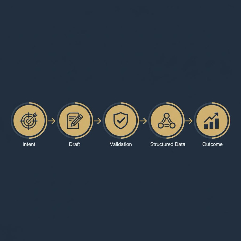 Minimal 2D vector infographic flow of icons (Intent → Draft → Validation → Structured Data → Outcome) on Orvus palette, visualizing the future of on-page SEO.