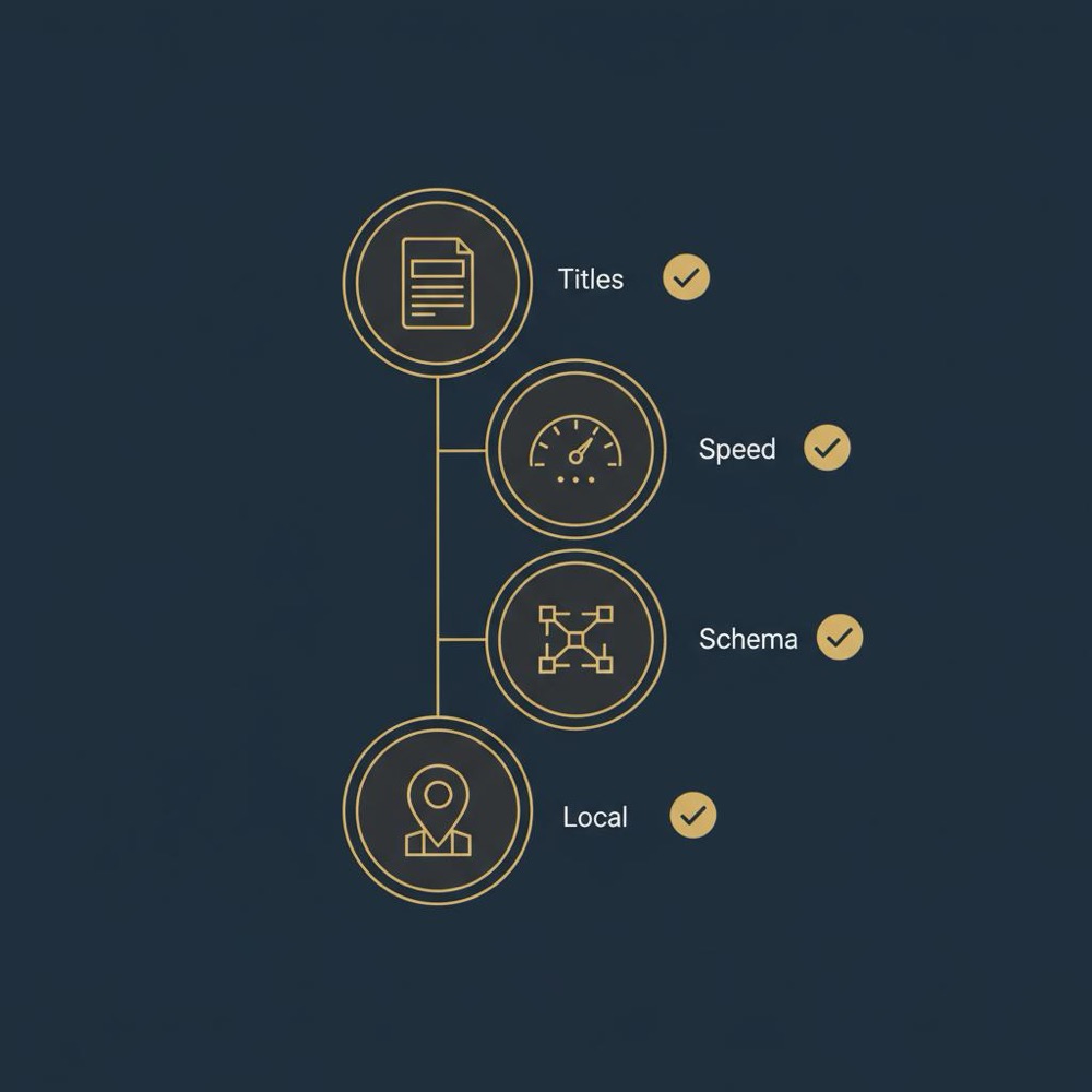 Minimal 2D vector checklist infographic with four icons for titles, speed, schema and local on dark blue #0B1E33 background using Orvus Ltd. palette - SEO examples