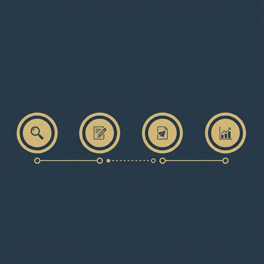 Minimal 2D vector timeline infographic showing four steps from spec to client with icons for research, draft, publish and measure on a dark blue background - what is a blog writer