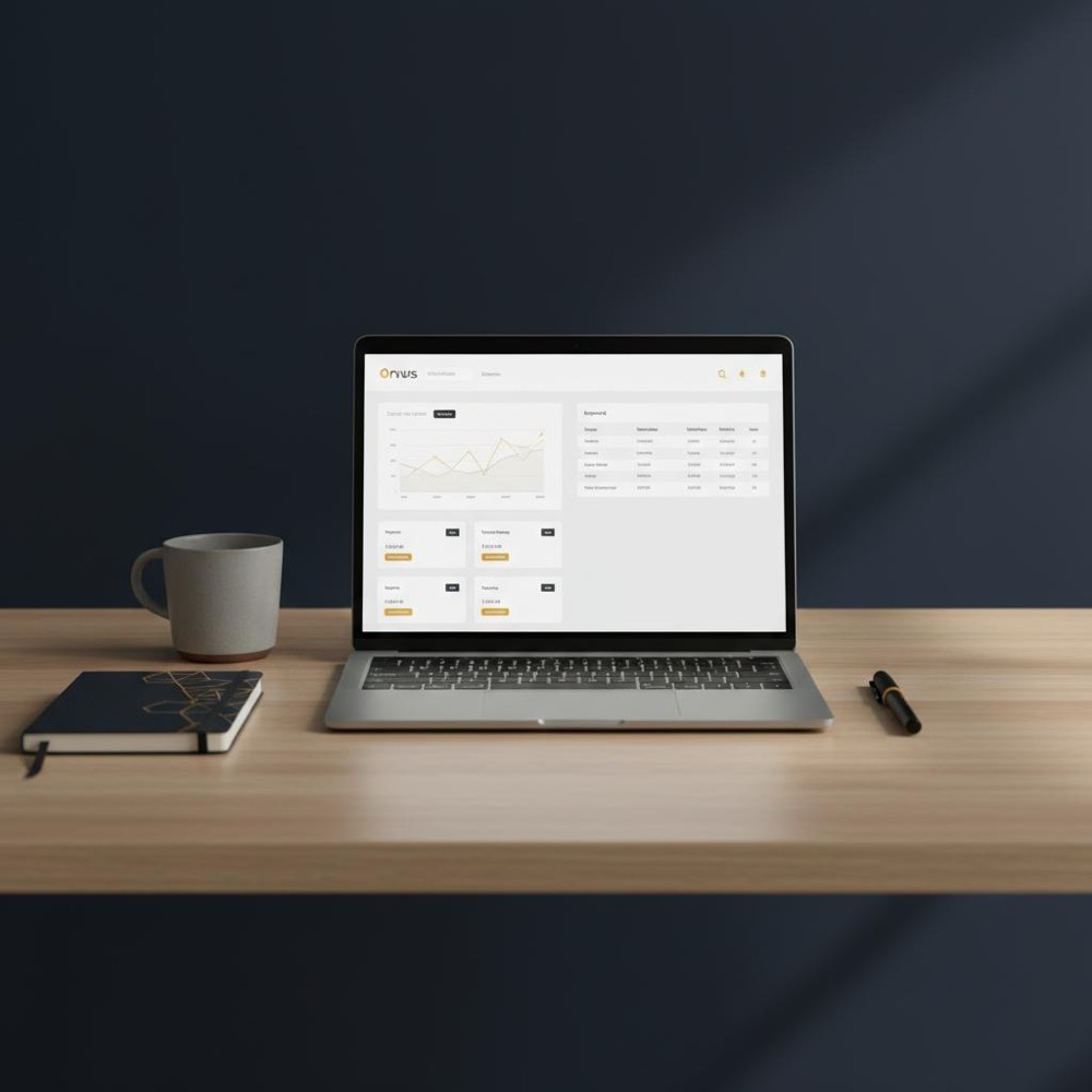 Minimalist desk with laptop showing Google Analytics vs SEMrush dashboards: GA4-style chart and SEMrush-style keyword list, warm lighting and Orvus Ltd. accents