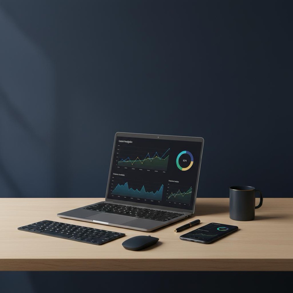 Minimalist desk with laptop and smartphone displaying analytics dashboards, deep navy background and gold accents, visualizing most visited websites analytics.