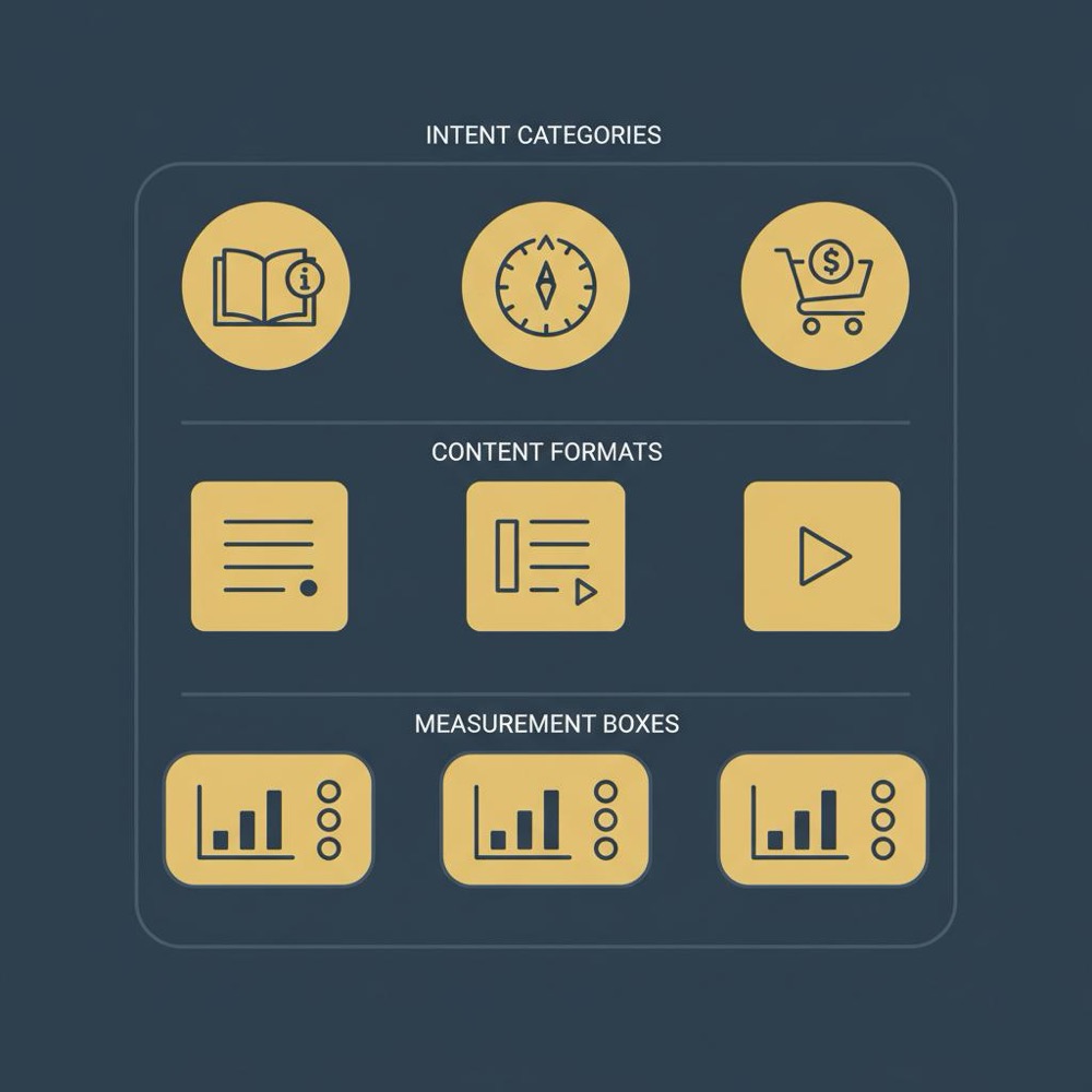 Minimal 2D vector infographic showing intent categories content formats and measurement boxes on navy background seo optimized content